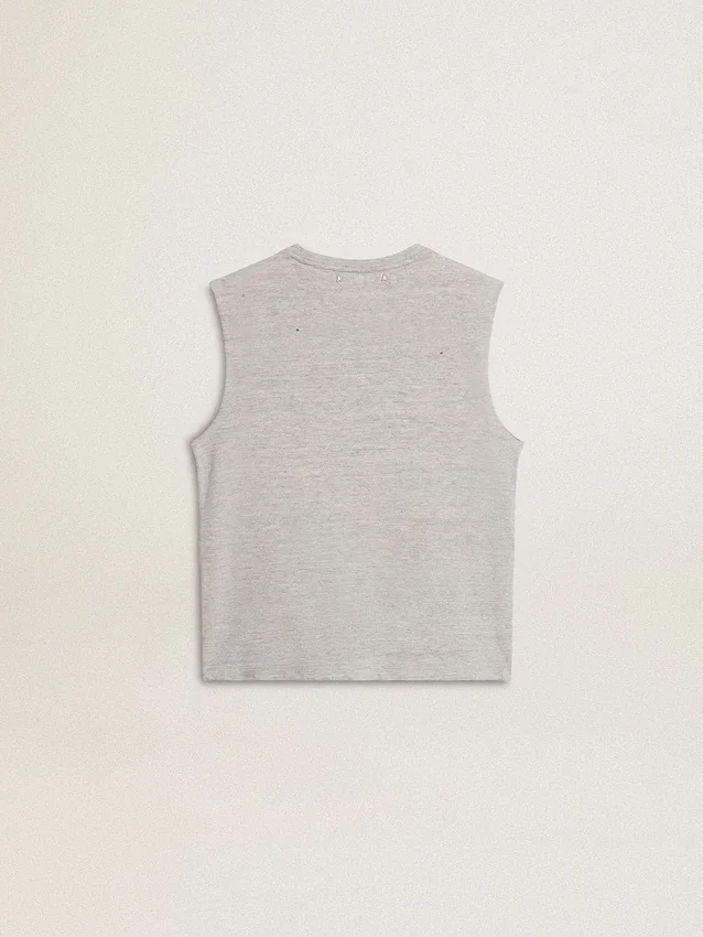 Camicia senza maniche da donna grigia con stampa gialla