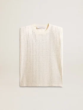 Camicia senza maniche in bianco invecchiato impreziosita da cristalli