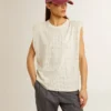 Camicia senza maniche in bianco invecchiato impreziosita da cristalli