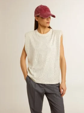 Camicia senza maniche in bianco invecchiato impreziosita da cristalli