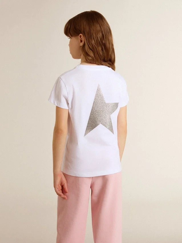Camicie bianche e argento con logo e maxi stella in glitter argento