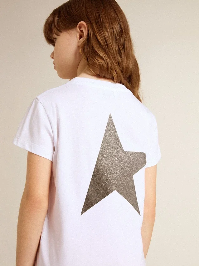 Camicie bianche e argento con logo e maxi stella in glitter argento
