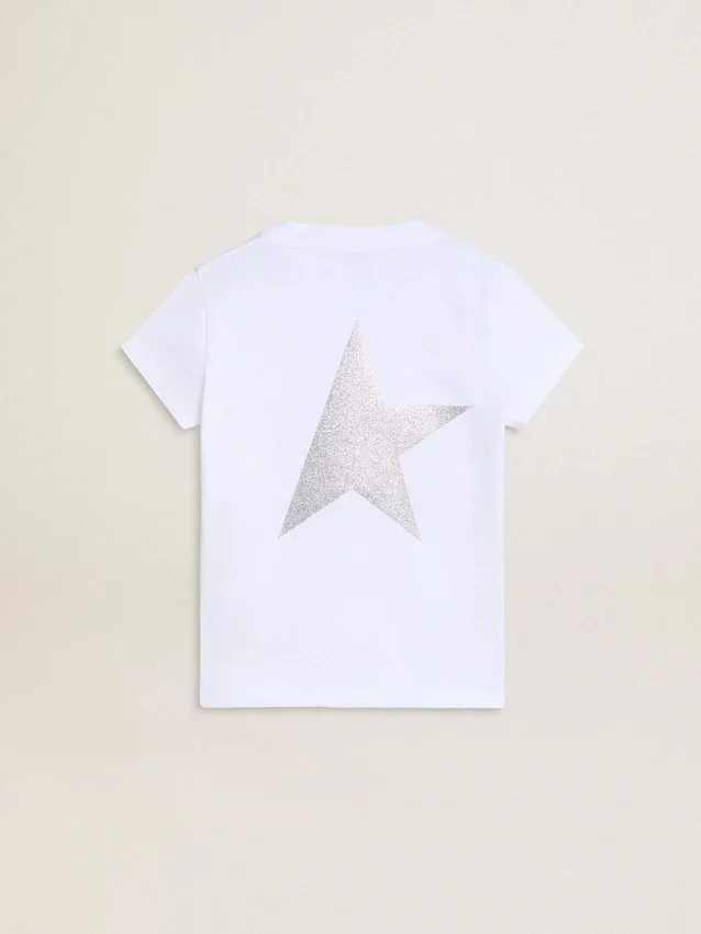Camicie bianche e argento con logo e maxi stella in glitter argento