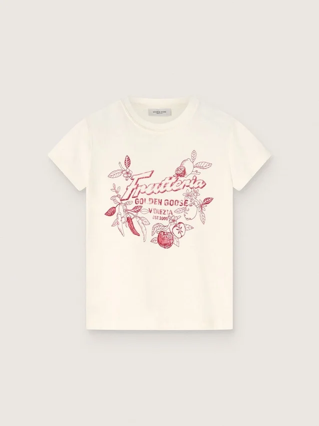 Camicie bianche in cotone per bambini con stampa “Frutteria Golden”