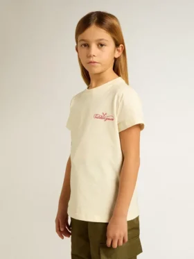 Camicie da bambina in cotone bianco slavato con ricamo rosso sul petto