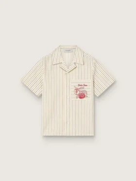 Camicie da bambino a righe color ecru, beige e grigio con ricamo “Frutteria Golden”