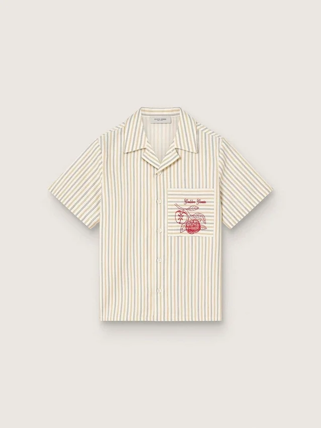 Camicie da bambino a righe color ecru, beige e grigio con ricamo “Frutteria Golden”