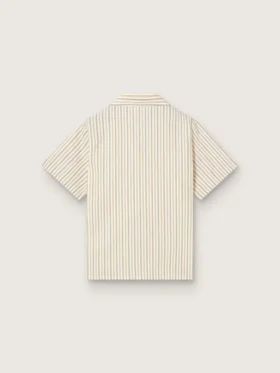 Camicie da bambino a righe color ecru, beige e grigio con ricamo “Frutteria Golden”