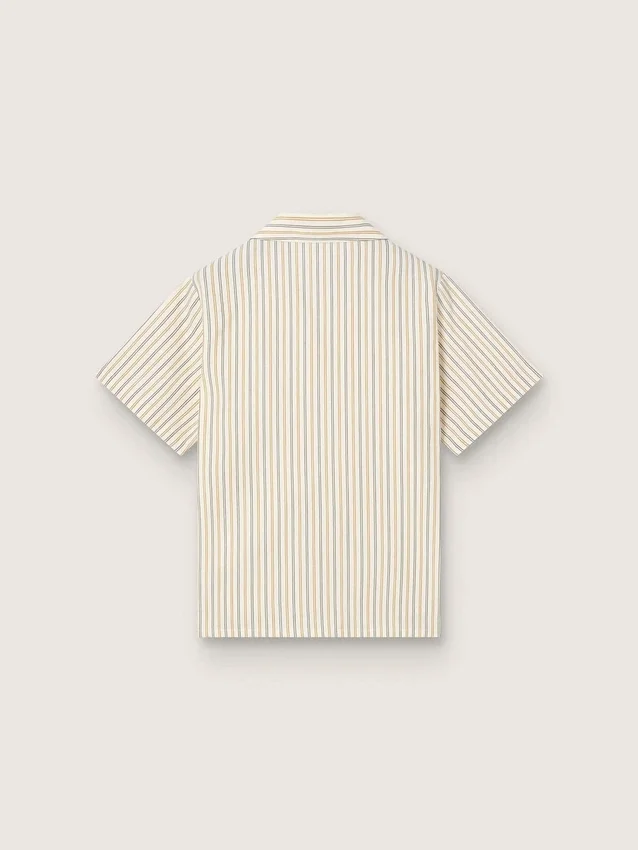 Camicie da bambino a righe color ecru, beige e grigio con ricamo “Frutteria Golden”