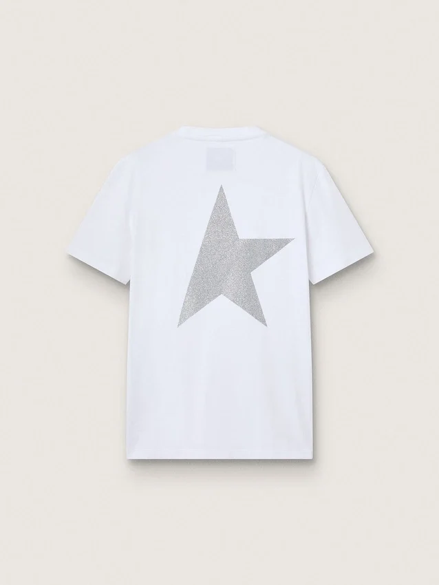 Camicie da donna bianche con logo glitterato argento e stella