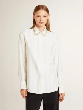 Camicie da donna con motivo a righe verticali e ricami in cristallo