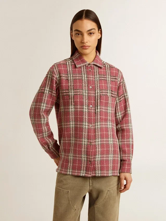 Camicie da donna con ricamo a quadri rosa, sabbia e grigio