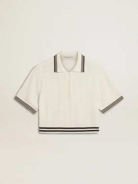 Camicie da donna corte in cotone bianco invecchiato con bordi a costine blu