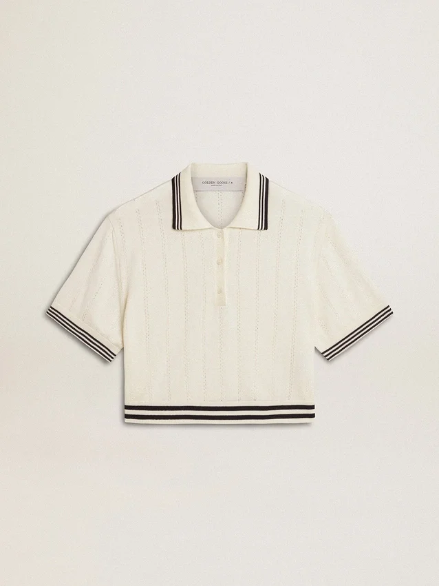 Camicie da donna corte in cotone bianco invecchiato con bordi a costine blu