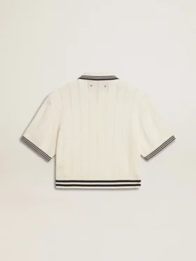 Camicie da donna corte in cotone bianco invecchiato con bordi a costine blu