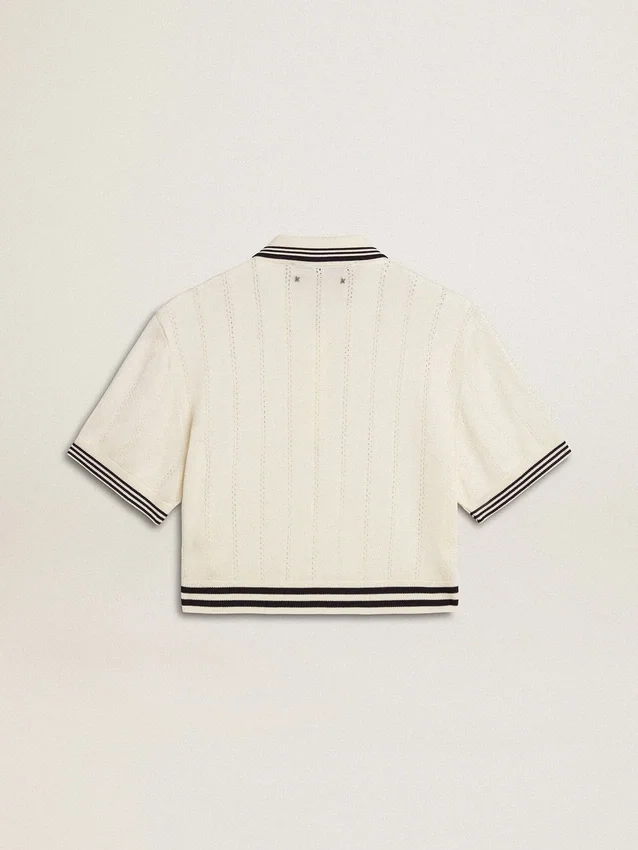 Camicie da donna corte in cotone bianco invecchiato con bordi a costine blu