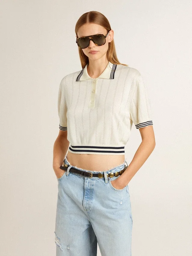 Camicie da donna corte in cotone bianco invecchiato con bordi a costine blu