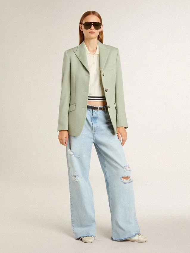 Camicie da donna corte in cotone bianco invecchiato con bordi a costine blu