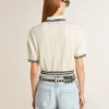 Camicie da donna corte in cotone bianco invecchiato con bordi a costine blu