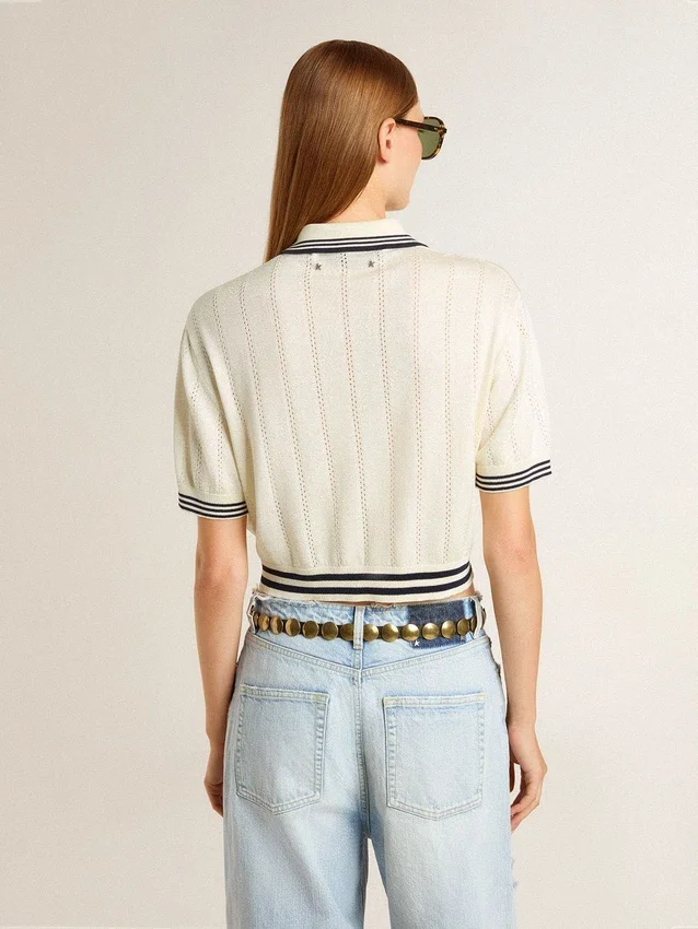 Camicie da donna corte in cotone bianco invecchiato con bordi a costine blu