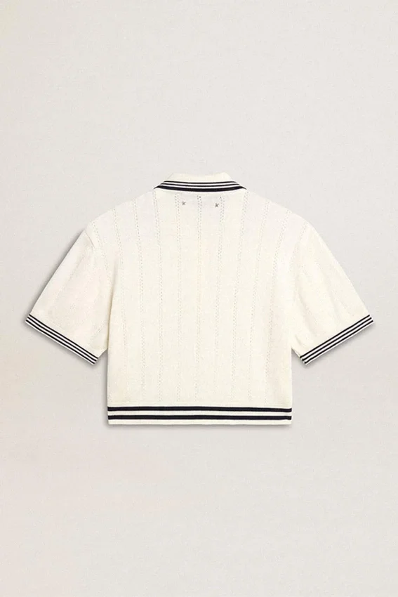 Camicie da donna corte in cotone bianco invecchiato con bordi a costine blu