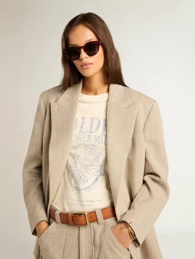Camicie da donna in cotone bianco invecchiato con stampa vintage