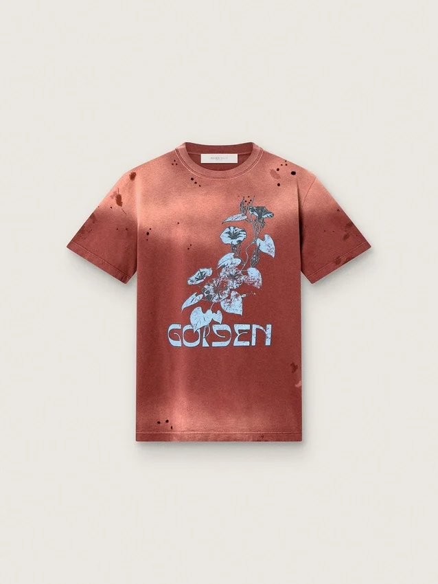 Camicie da donna in jersey di cotone color ruggine con stampa floreale