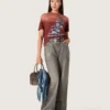 Camicie da donna in jersey di cotone color ruggine con stampa floreale