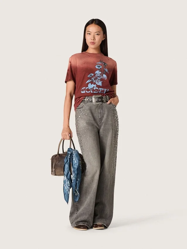 Camicie da donna in jersey di cotone color ruggine con stampa floreale