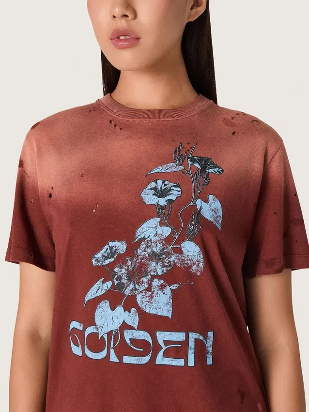 Camicie da donna in jersey di cotone color ruggine con stampa floreale