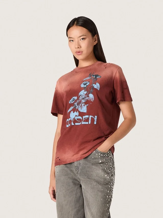 Camicie da donna in jersey di cotone color ruggine con stampa floreale