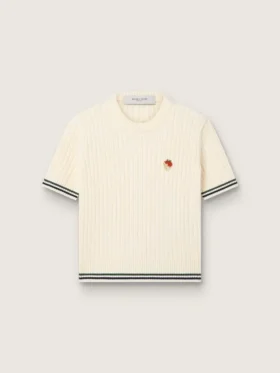 Camicie da donna in maglia bianca con bordi a contrasto e spilla rimovibile