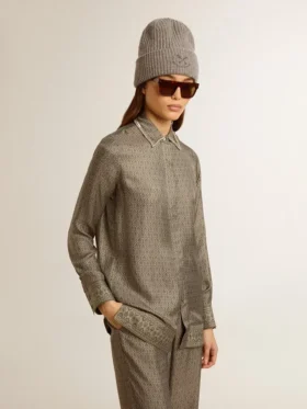 Camicie da donna in misto viscosa e seta verde con motivo floreale