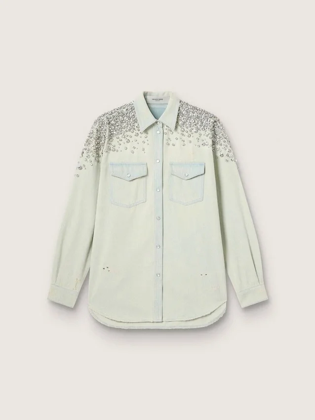 Camicie da donna in stile boyfriend sbiancate con cristalli cabochon