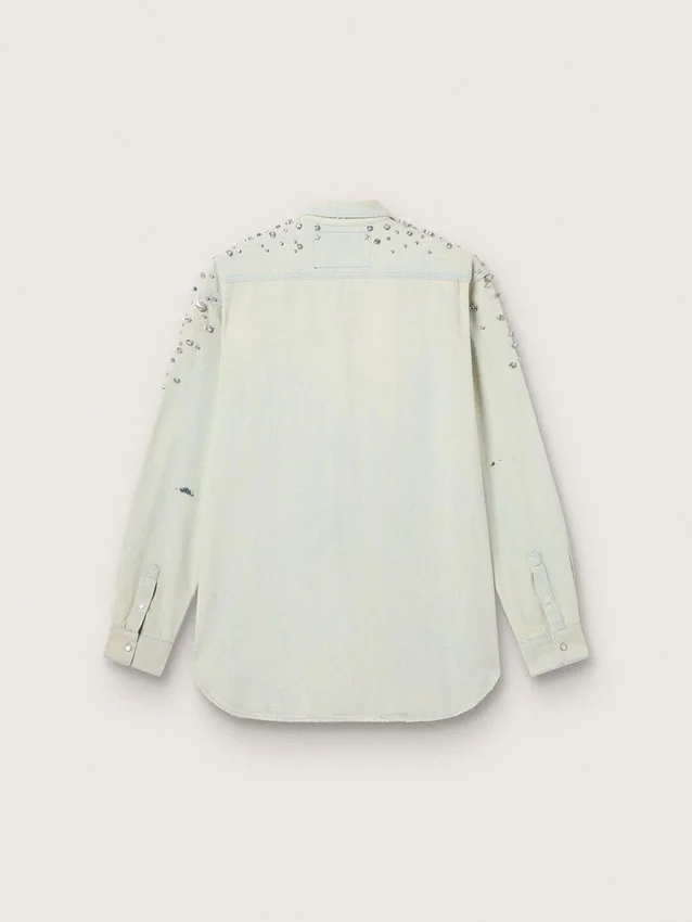 Camicie da donna in stile boyfriend sbiancate con cristalli cabochon