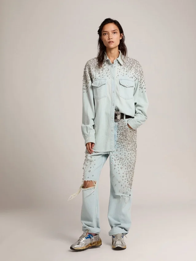 Camicie da donna in stile boyfriend sbiancate con cristalli cabochon