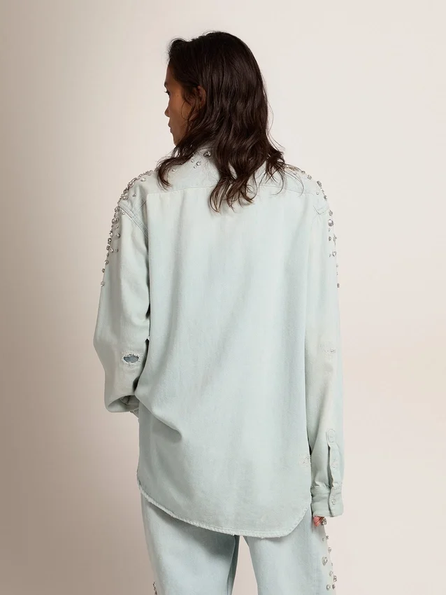 Camicie da donna in stile boyfriend sbiancate con cristalli cabochon