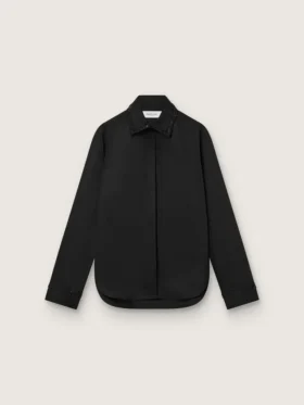 Camicie da donna in twill di lana nero con ricami floreali in perline di vetro