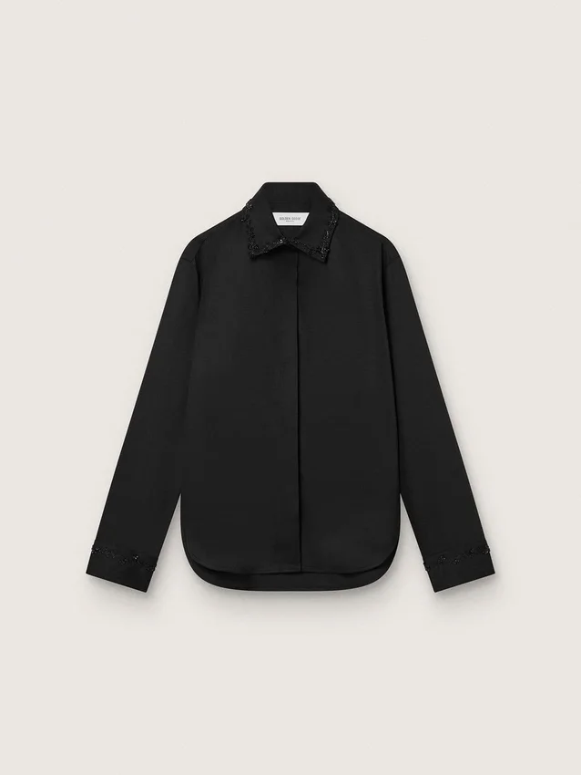 Camicie da donna in twill di lana nero con ricami floreali in perline di vetro