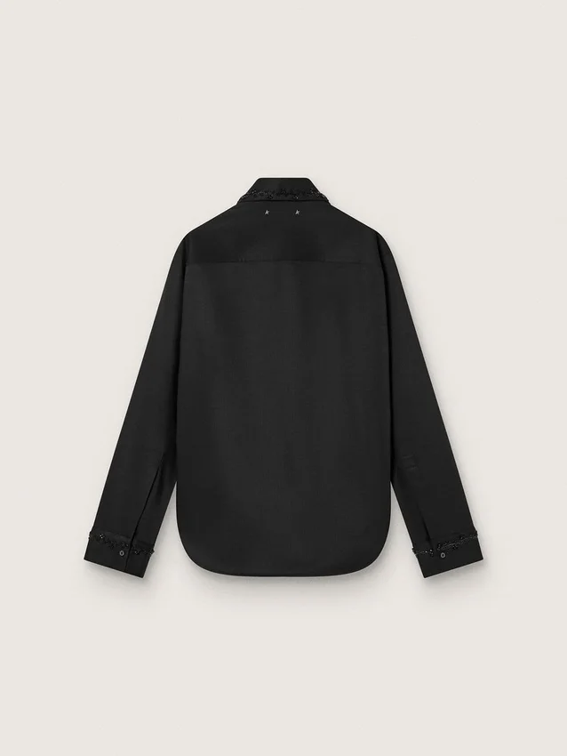 Camicie da donna in twill di lana nero con ricami floreali in perline di vetro