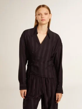 Camicie da donna nere a righe verticali con chiusura a nodo laterale