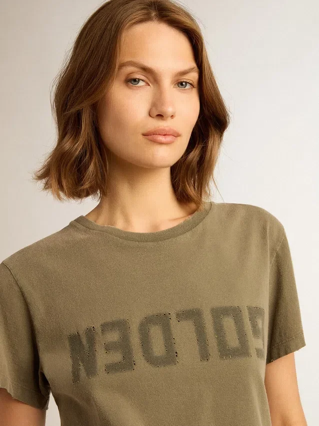 Camicie da donna verde oliva con scritte dorate