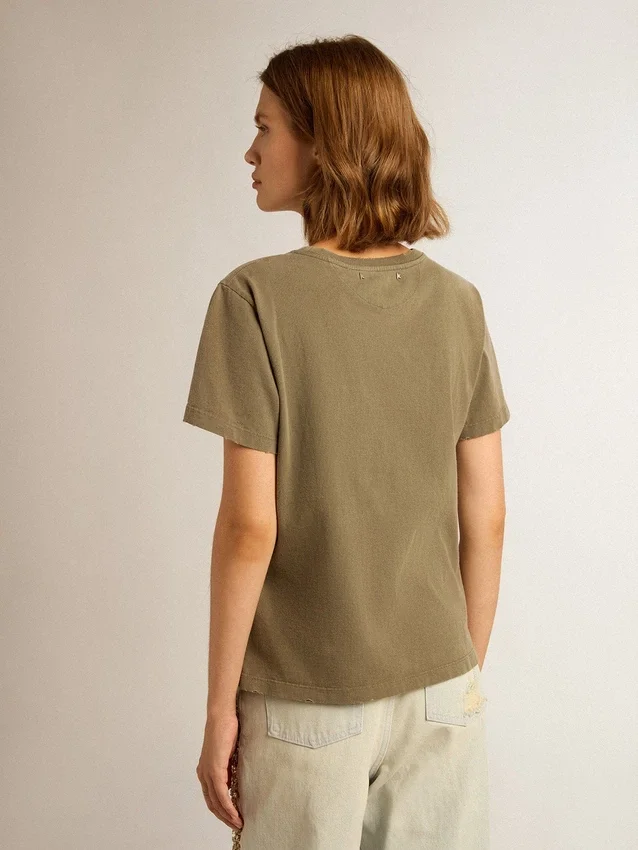 Camicie da donna verde oliva con scritte dorate