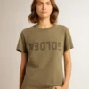 Camicie da donna verde oliva con scritte dorate