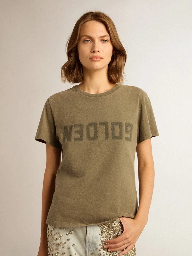 Camicie da donna verde oliva con scritte dorate
