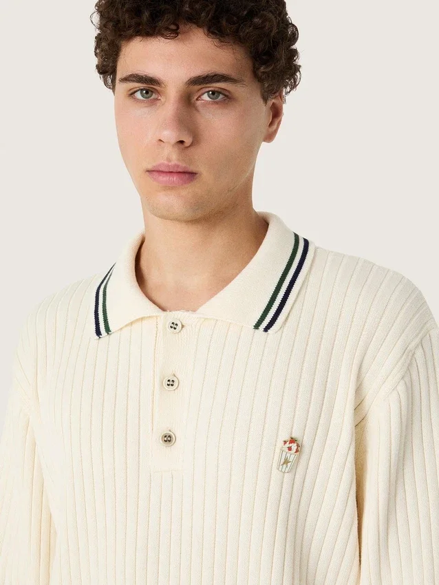 Camicie da uomo a maniche lunghe in maglia bianca con bordi a contrasto e spilla rimovibile