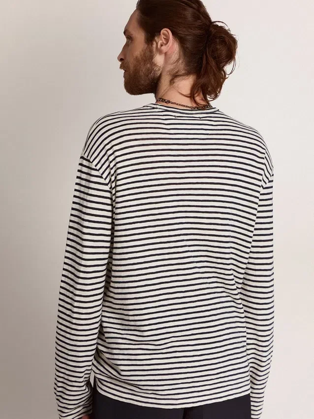 Camicie da uomo a righe bianche e blu con ricamo sul davanti