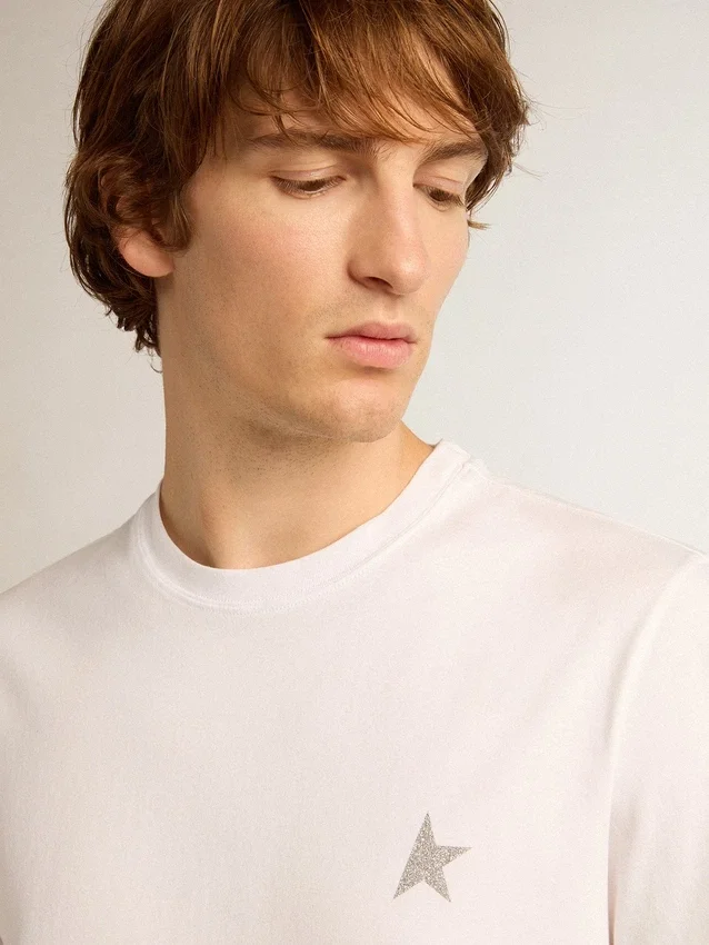 Camicie da uomo bianche con stella glitterata argento sul davanti