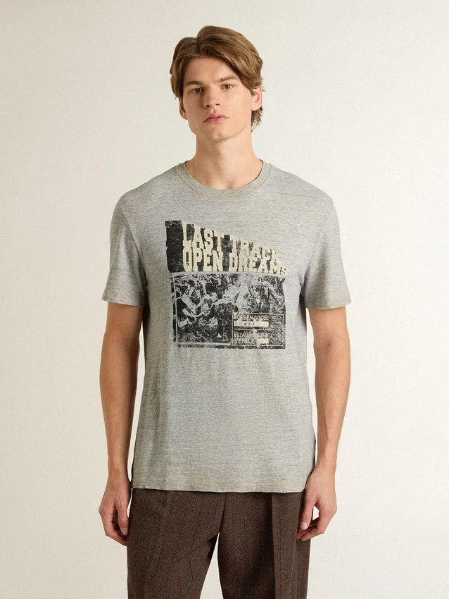 Camicie da uomo grigie effetto vintage con stampa sul davanti