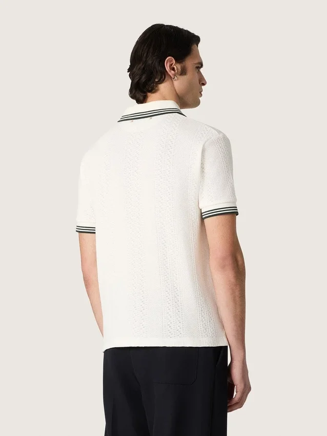 Camicie da uomo in cotone bianco con motivo jacquard traforato